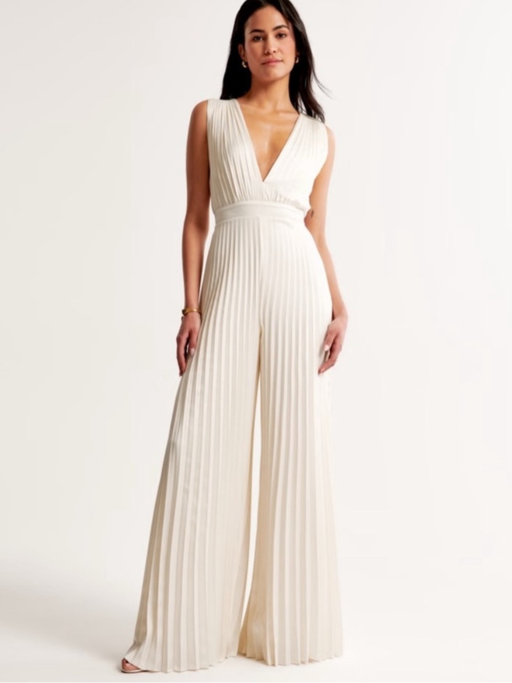 Abercrombie & Fitch Ivory Giselle Pleated V-Neck Wide-Leg Satin Jumpsuit